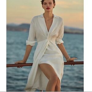 Deep-V Collared White Dress